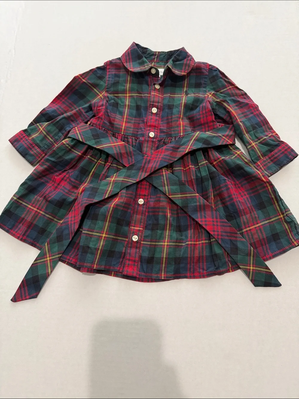 Ralph Lauren Girls 6M Cotton Plaid Button-Down Dress Top in Red & Green